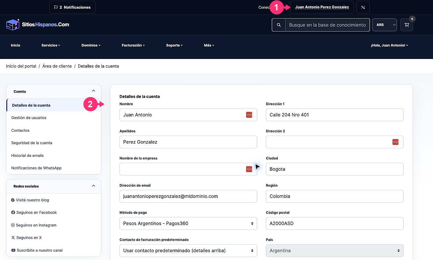 Location of the client name and access to Account Details