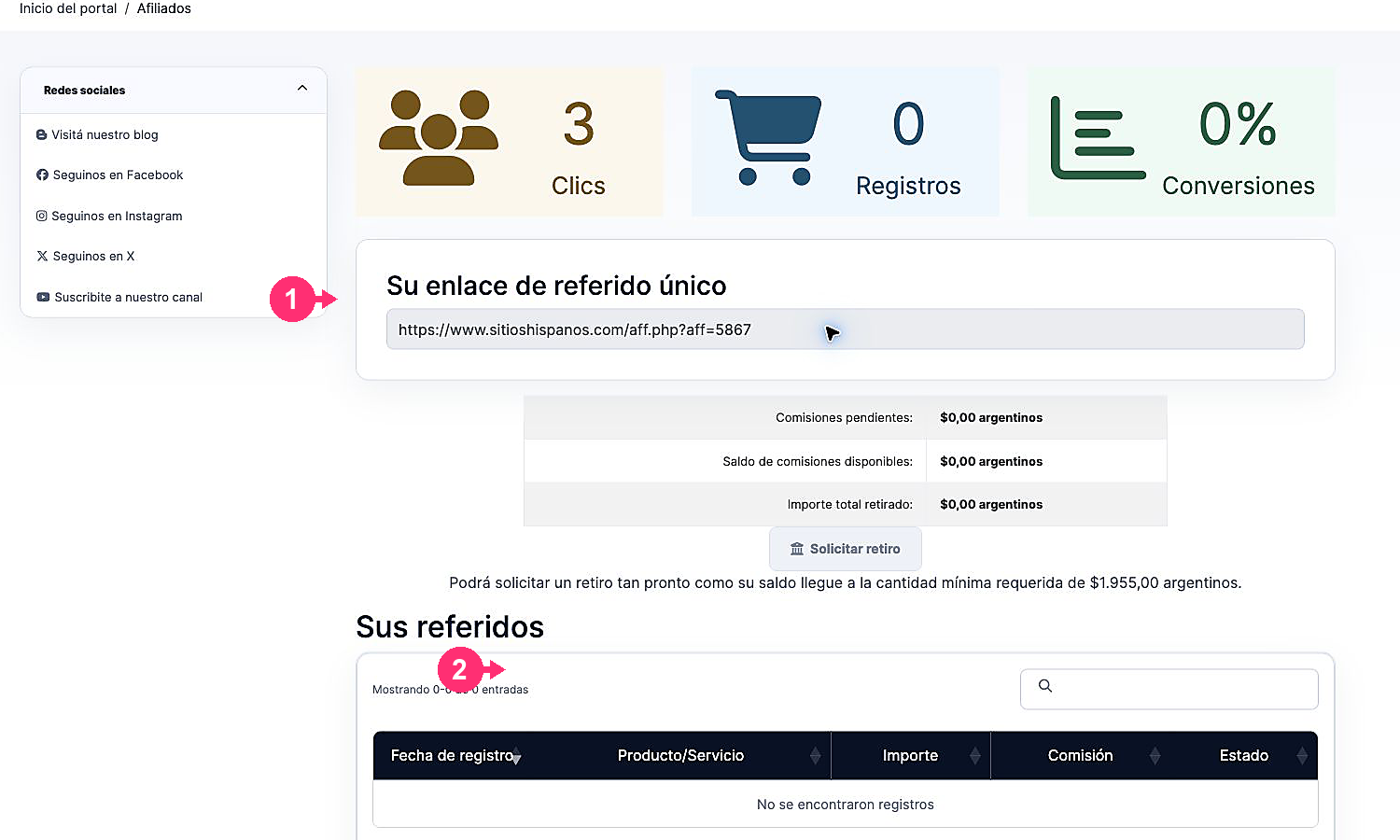 Statistics, referral link and commissions summary