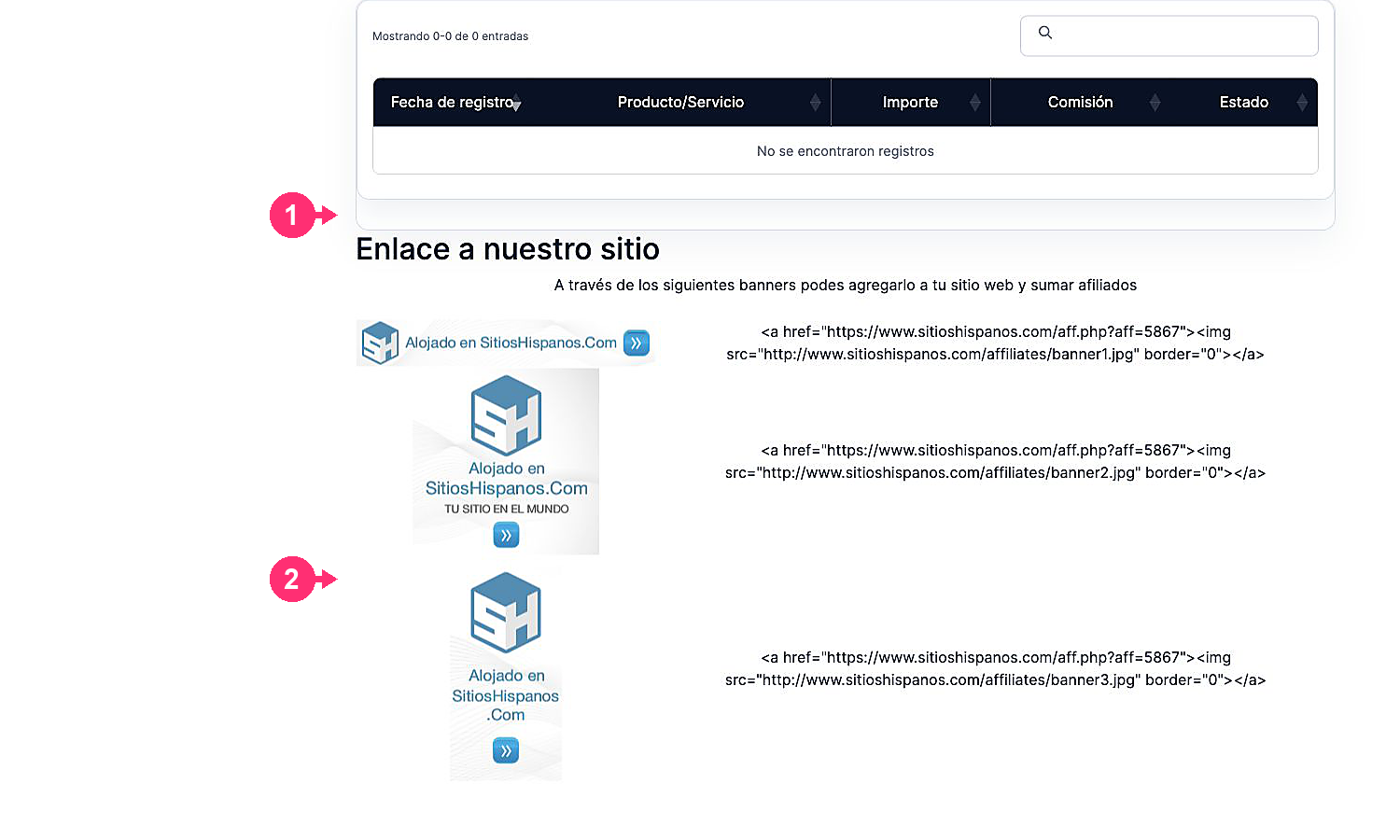 List of referrals and banners of the affiliate program