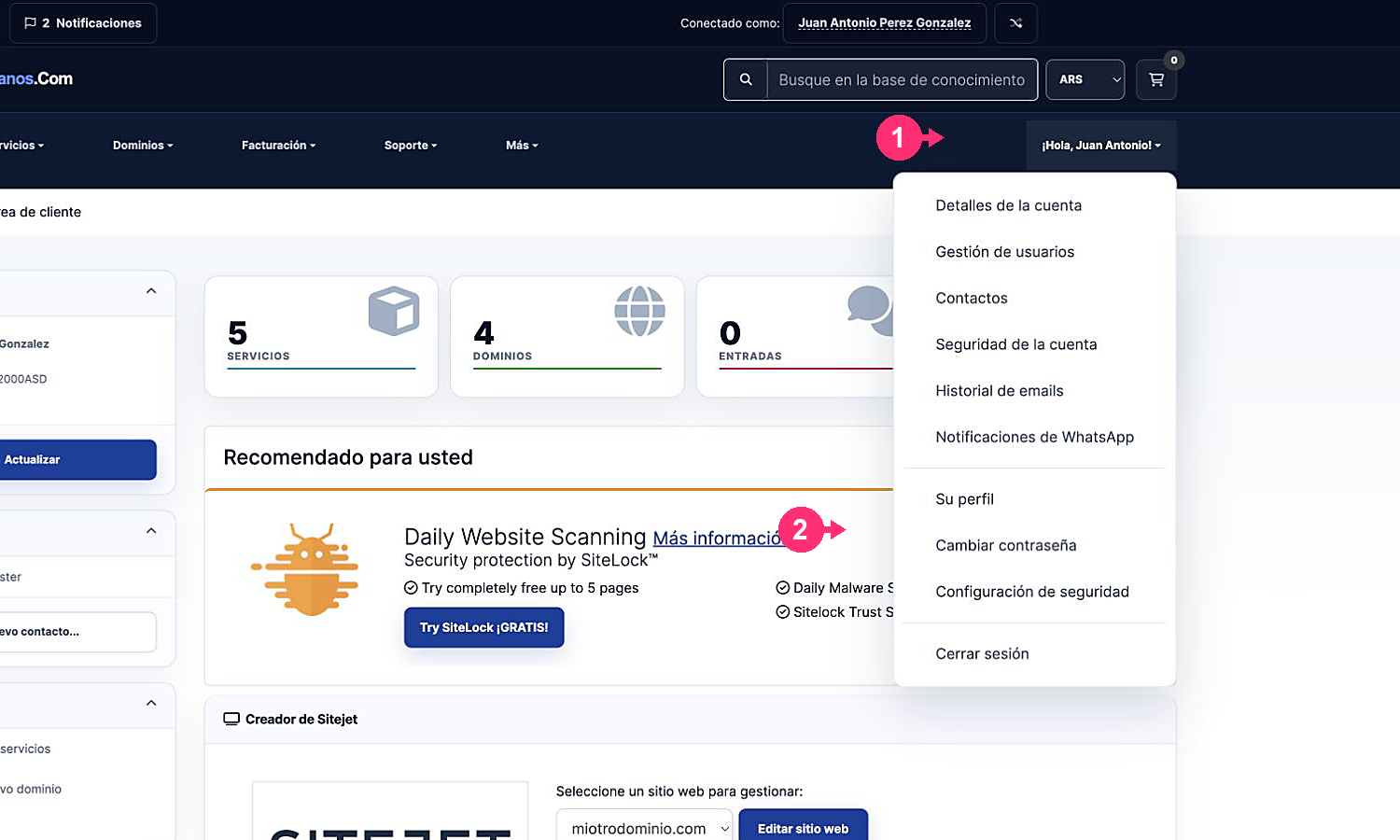 Profile menu with the Change password option highlighted