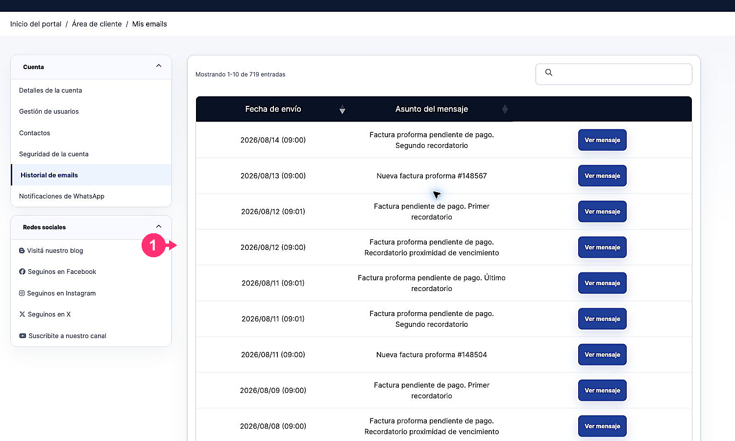 Updated email history list