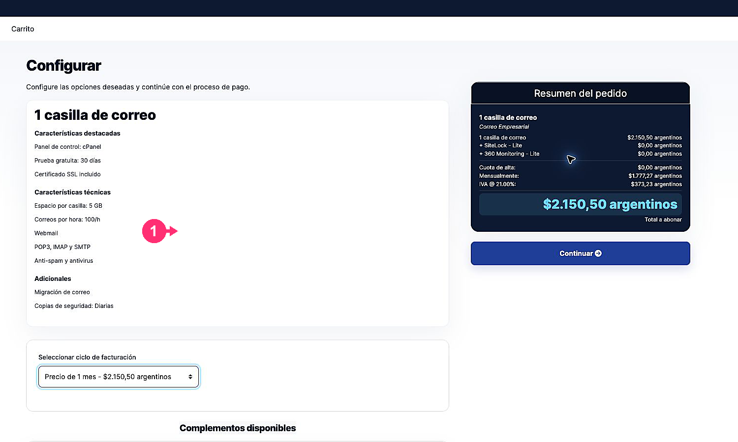 Service configuration before adding it to the cart