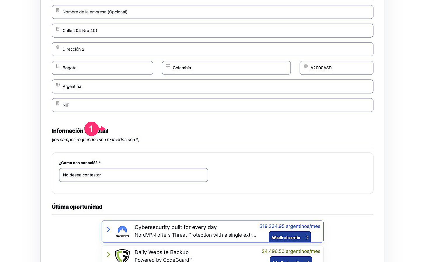Data form for a new customer