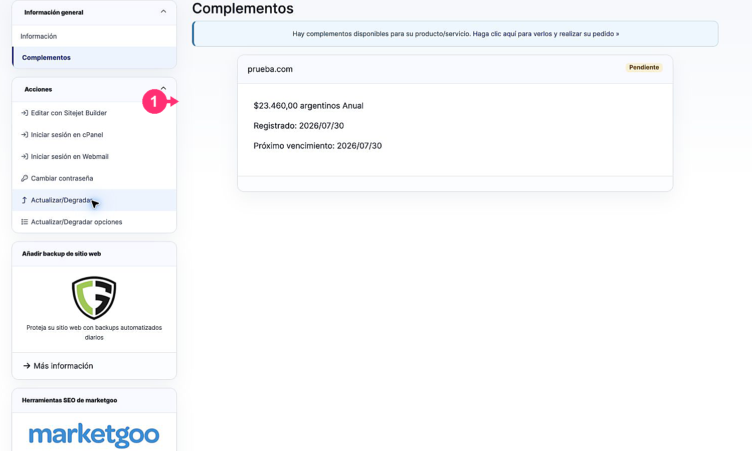 Add-ons tab with an add-on associated with the service