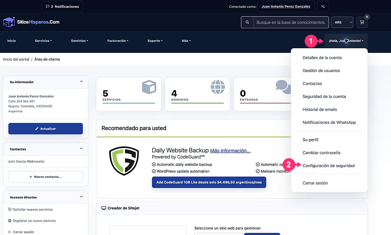Profile menu with Security Settings highlighted