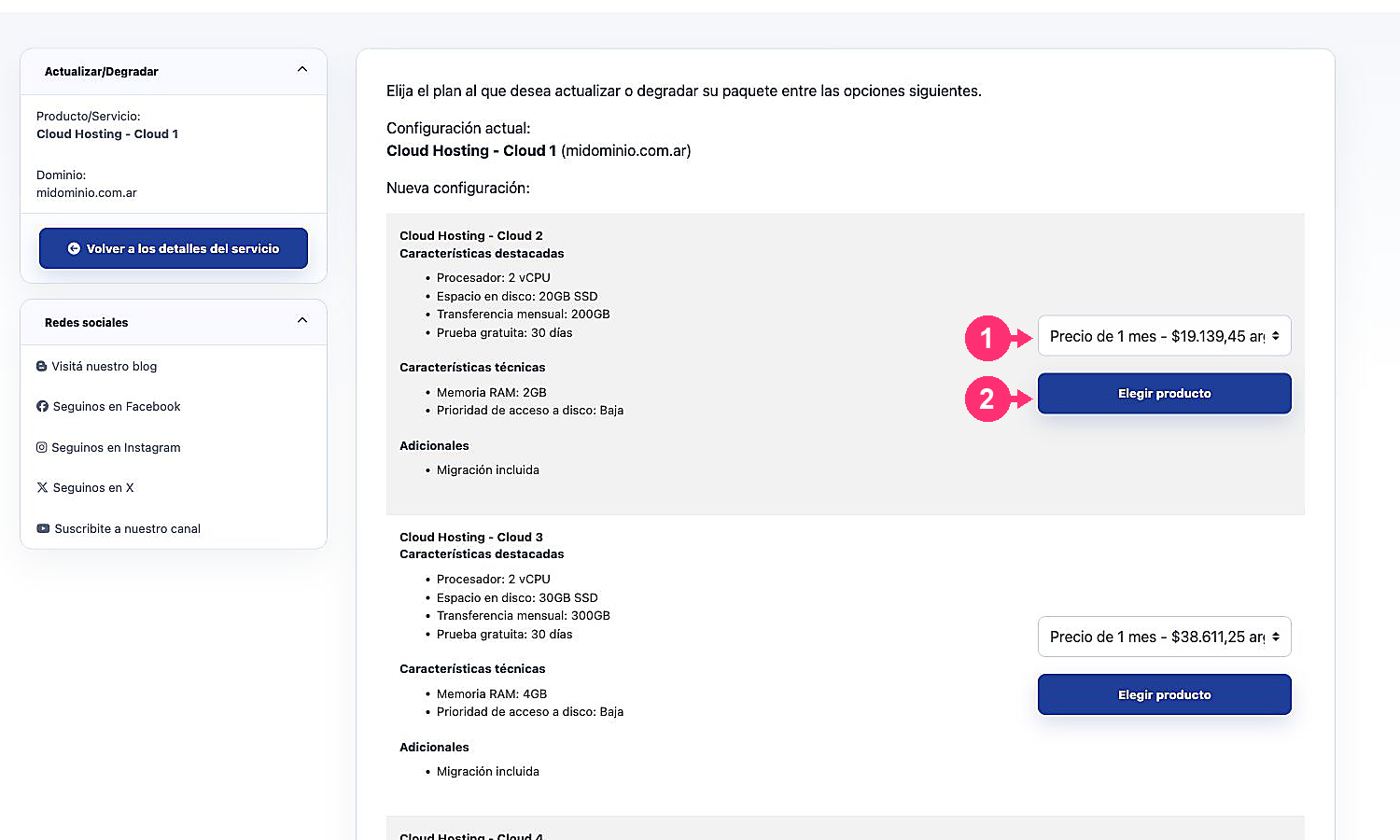 List of plans available to upgrade a service