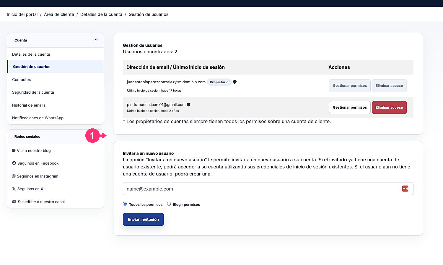 List of users and form to send an invitation