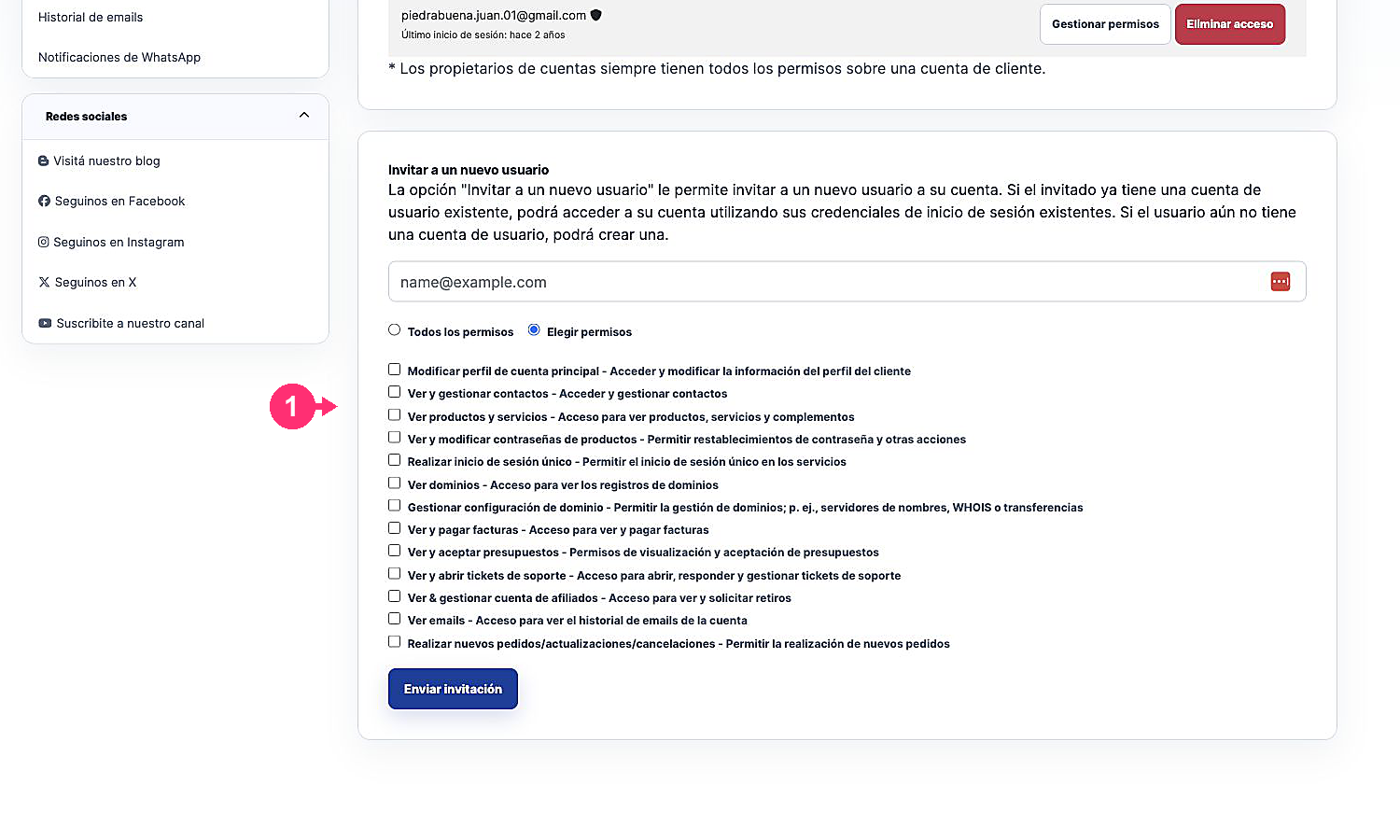 List of permissions available for an invited user