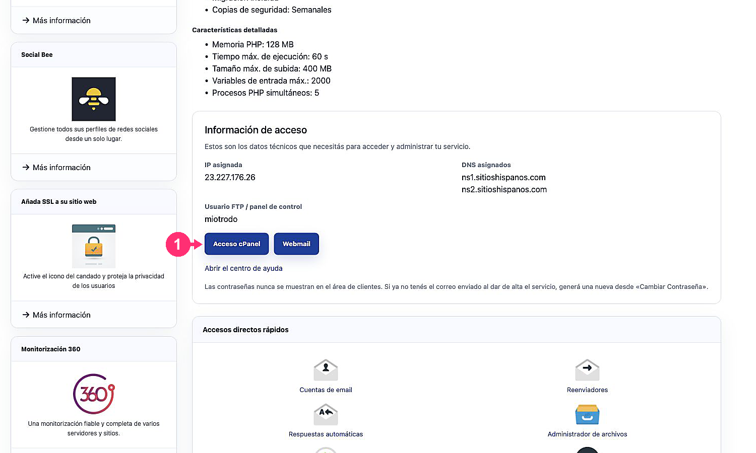 Technical information and cPanel Access button
