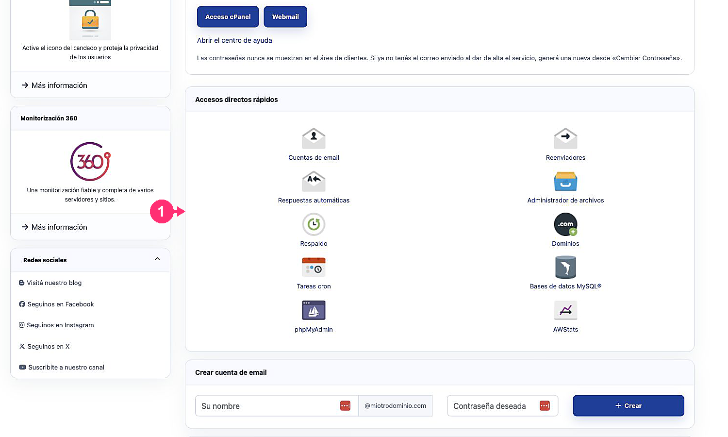 Quick access shortcuts to cPanel tools