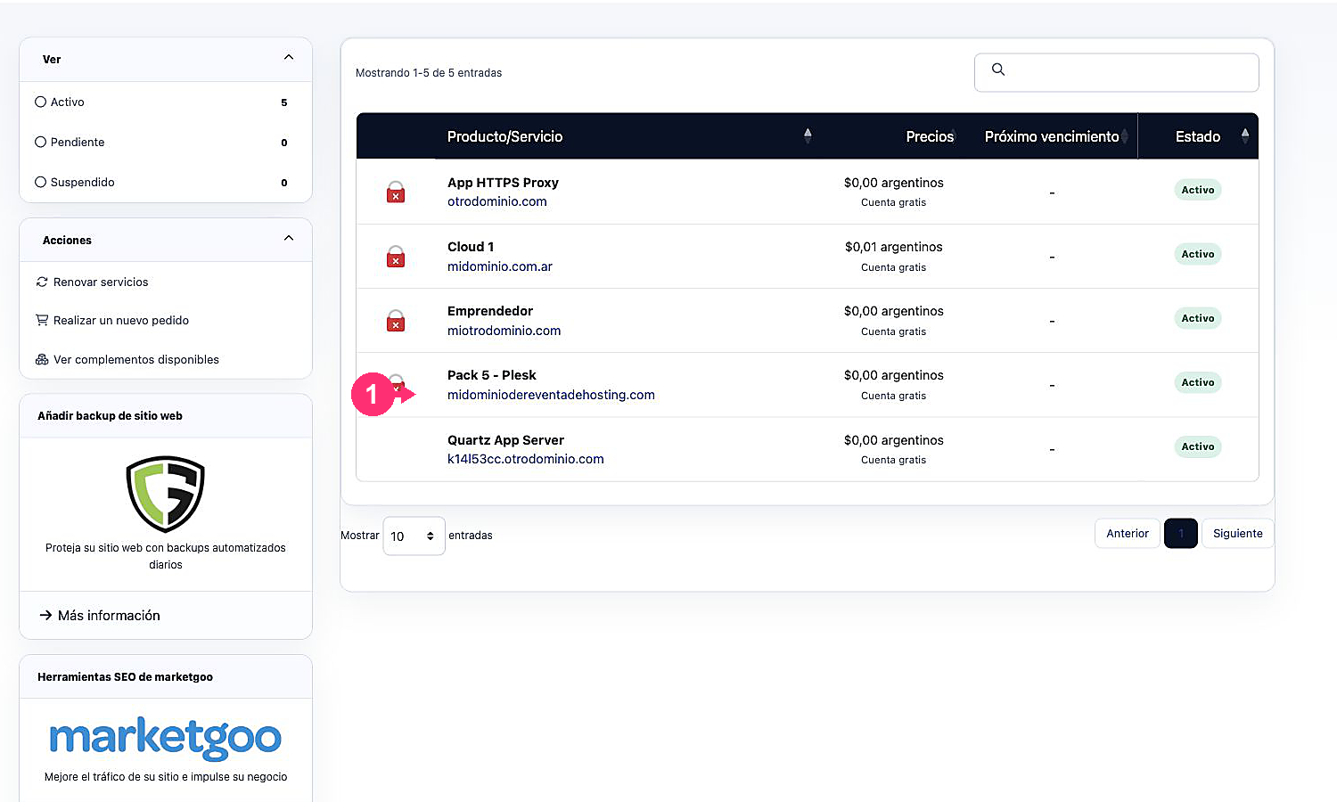 Plesk service in the Client Area list